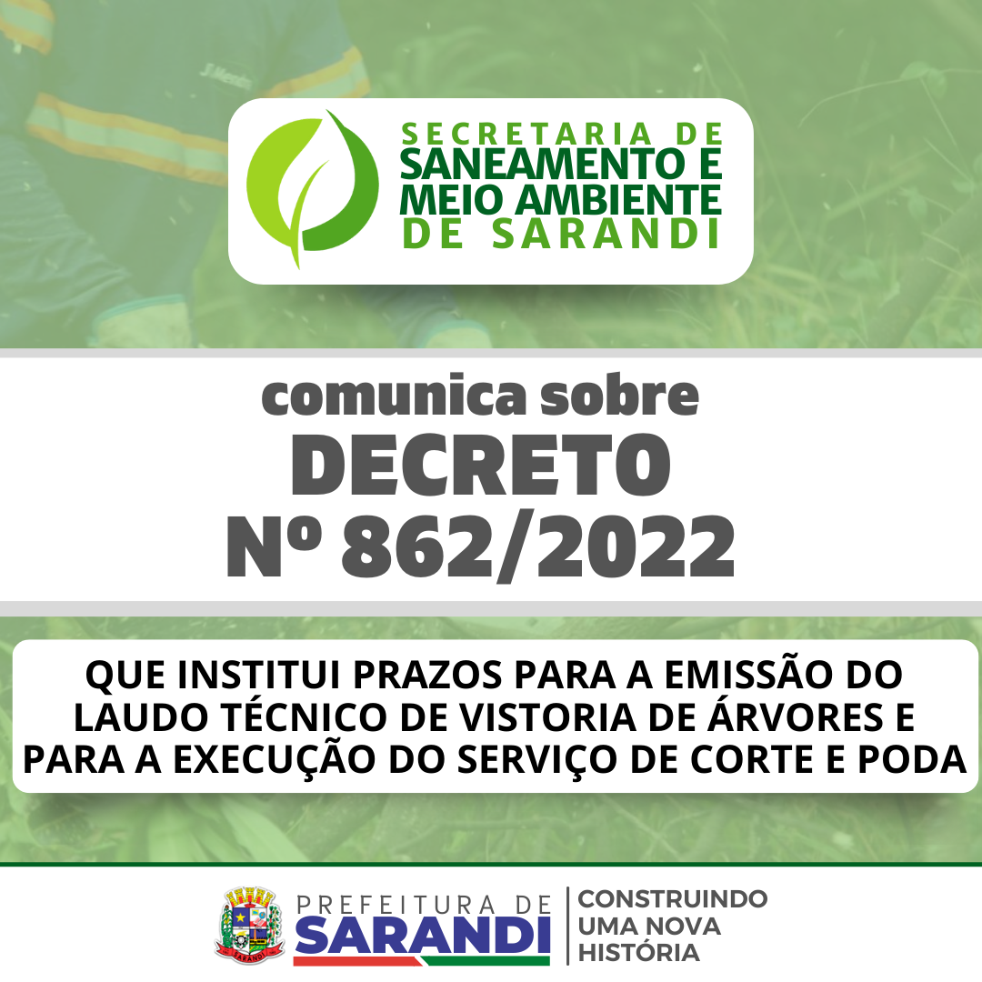 Secretaria de Saneamento e Meio Ambiente comunica sobre Decreto nº 862/2022